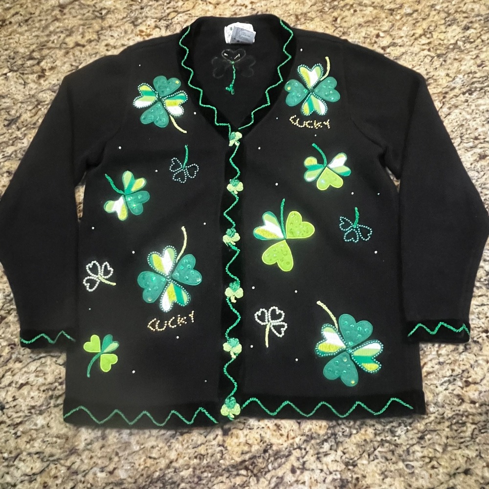 Quacker Factory Womens St Patricks Day Shamrock Cardigan Black Green Medium